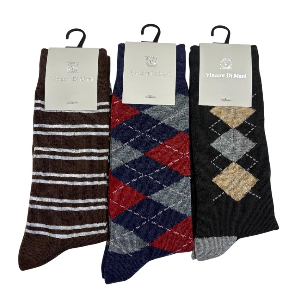 Men's Vincent Di Mani Trio Dress Socks Set - Argyle and Stripes - NWT
